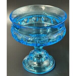 Indiana Glass King's Crown Turquoise Blue Glass Candy Dish Pedestal Bowl